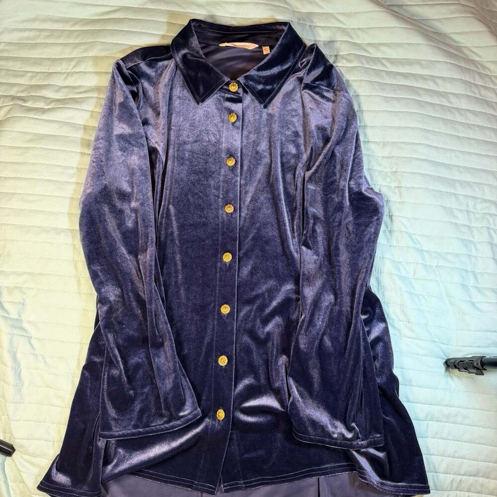 Soft Surroundings Navy Velvet Long Sleeve Button-Down Shirt with Gold Buttons